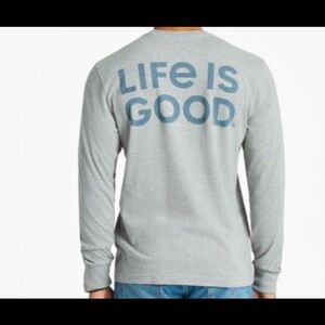 Life is Good Men’s Wordmark Stack LS Crusher Tee, Large, Heather Gray, New